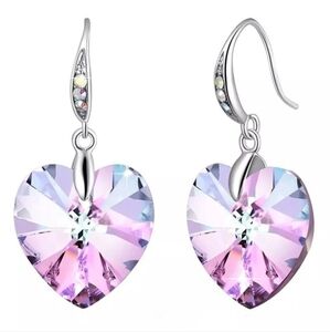 Colorful Rainbow Crystal Blue Purple Heart Drop Dangle Silver Hook Earrings